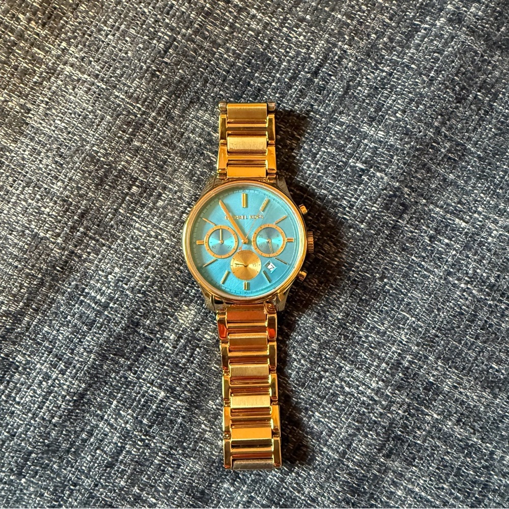 Michael Kors Gold and Turquoise Chronograph Watch - Picture 2 of 4